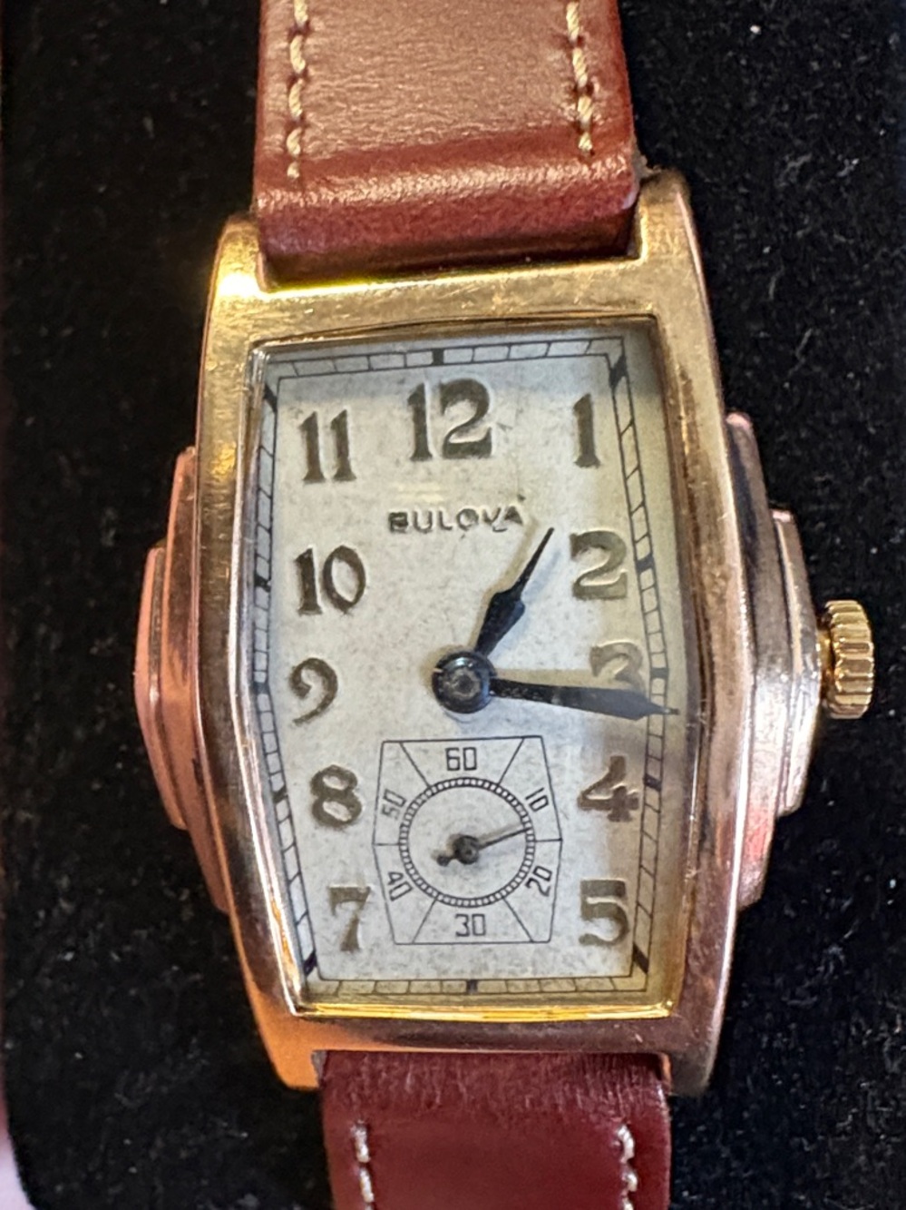 Vintage Bulova Gold Tone art Deco Watch with Brown Leather Strap